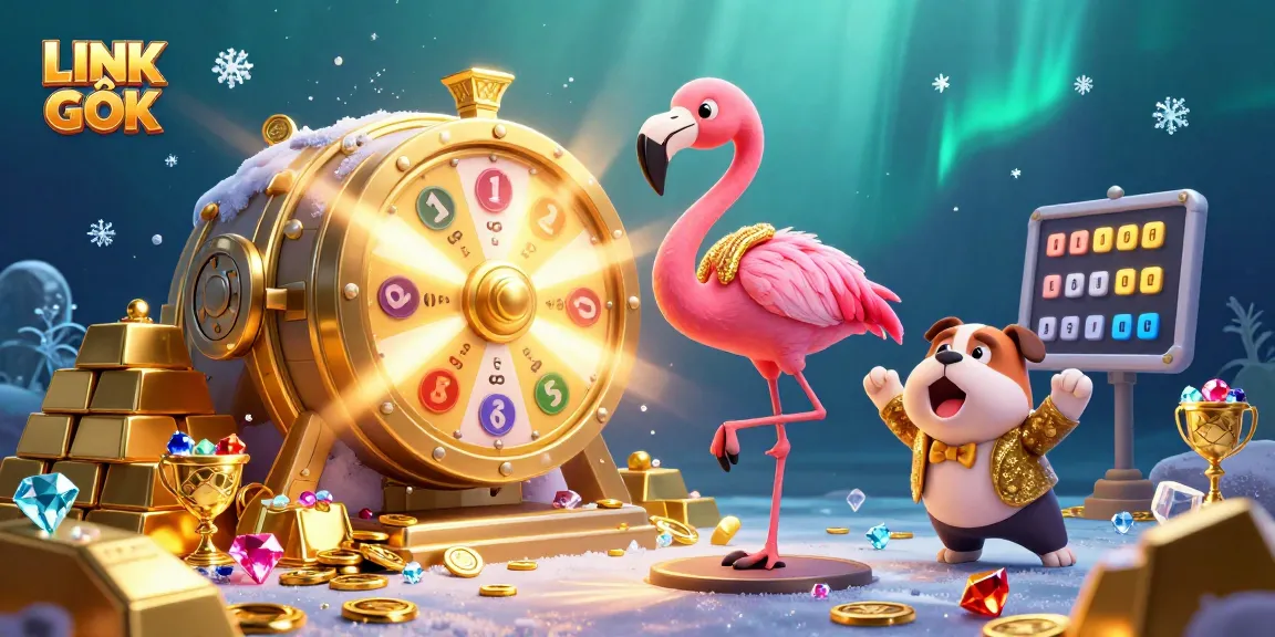 Engage with LINK GỐC as the flamingo host spins the golden prize wheel in this lively casino scene.