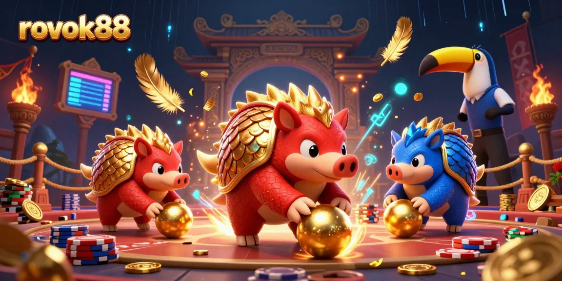 rokok88 features dynamic action with rival pangolins rolling poker chips in a vivid casino scene