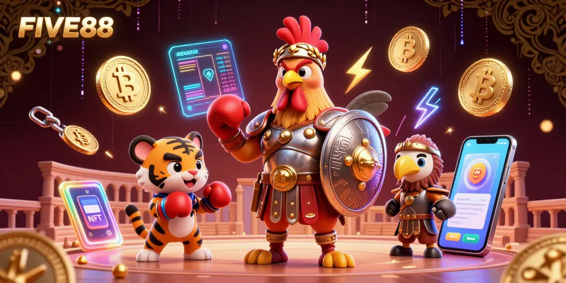 FIVE88 unleashes thrilling crypto-inspired gaming through a fierce gladiator rooster and tiger cub duel.