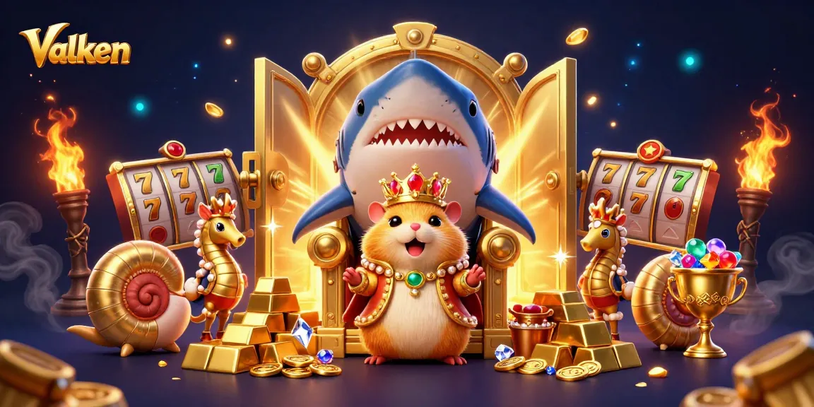 Valken's colorful casino illustration with a golden hamster king on a shark throne and treasure features