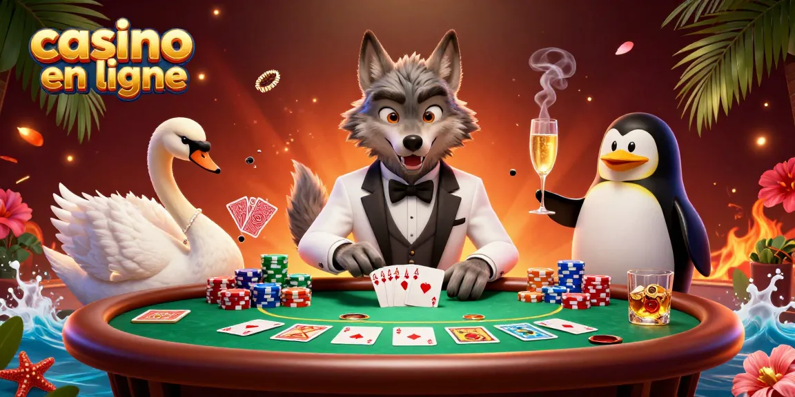 Profitez d'une expérience dans un casino en ligne avec un loup élégant au baccarat et un cygne distribuant des cartes.