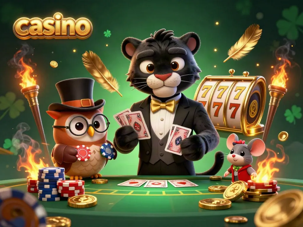 Engage in the vibrant casino world with a stylish panther dealing cards amidst gold coins and lively characters.