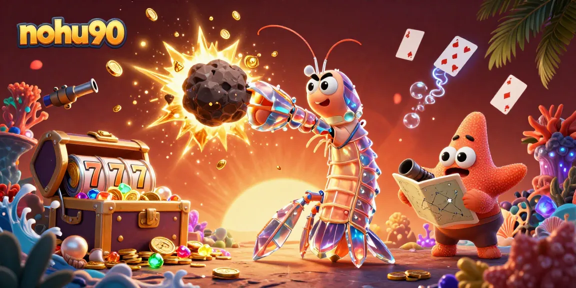 Nohu90 captivates with a galactic mantis shrimp striking through an asteroid, revealing treasures and slot reels.