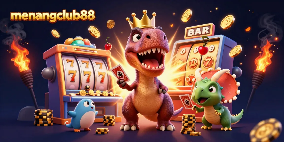 Experience exciting wins at menangclub88 with a playful dinosaur-themed casino illustration.