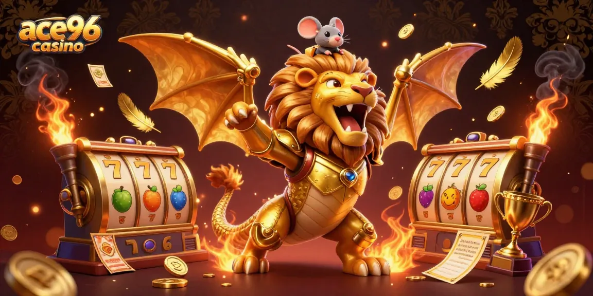 Engage in fun and excitement at ace96 casino with a dynamic 3D scene of a chimera and gaming elements.