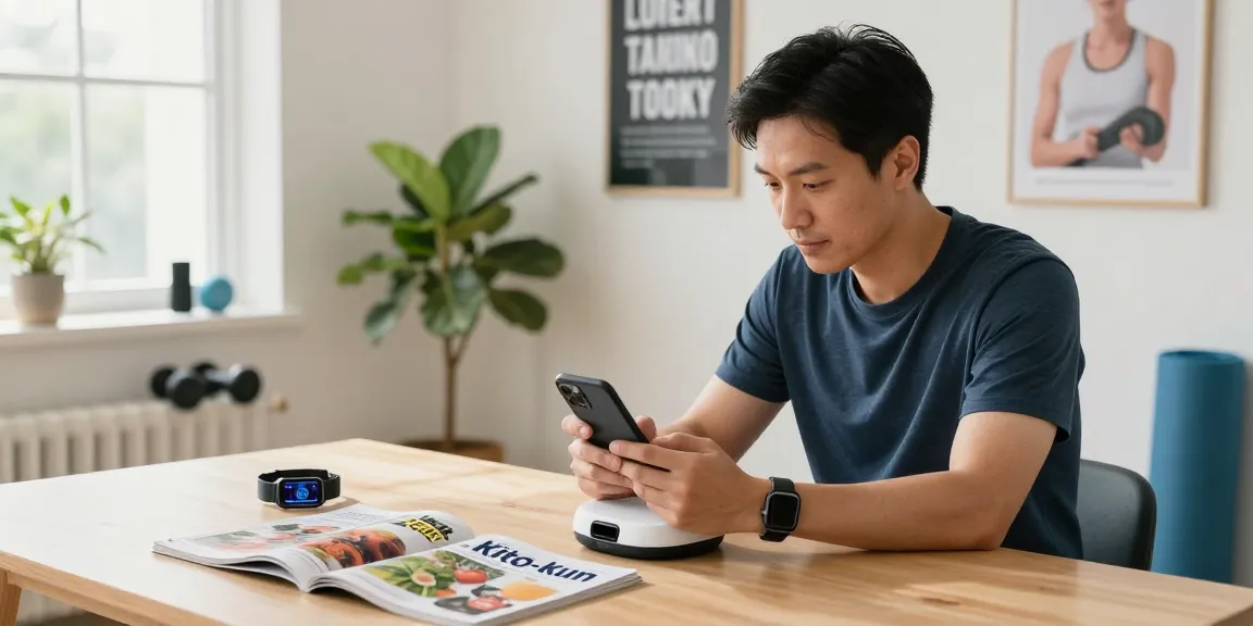 キトー君の口コミを確認しながら使用する男性の姿と健康関連の雑誌。
