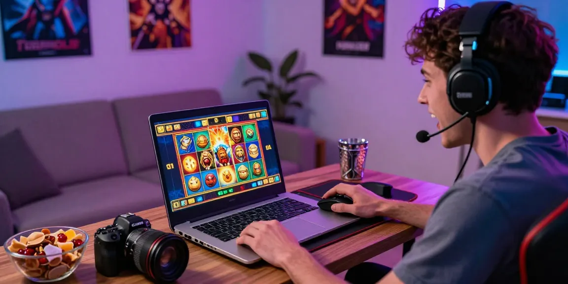 Player enjoying situs raja slot games on a sleek laptop in a cozy gaming setup with vibrant LED lights.