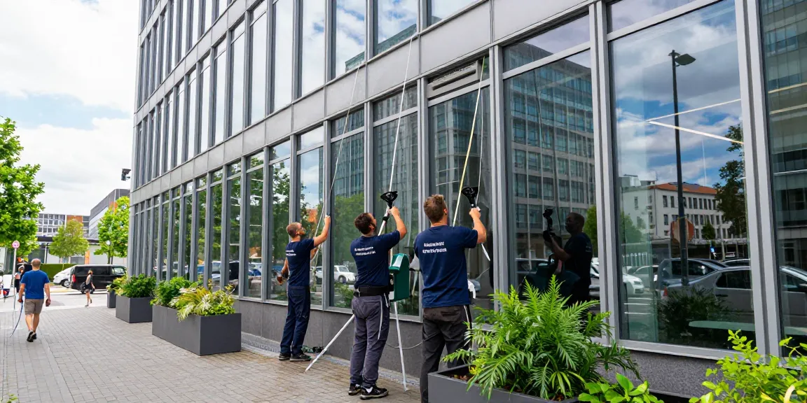 Professionelle Gebäudereinigung Düsseldorf durch geschultes Personal am Hochhaus mit klaren Fenstern.