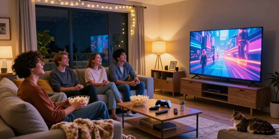 Friends enjoying a movie night with dezpila streaming content in a cozy living room